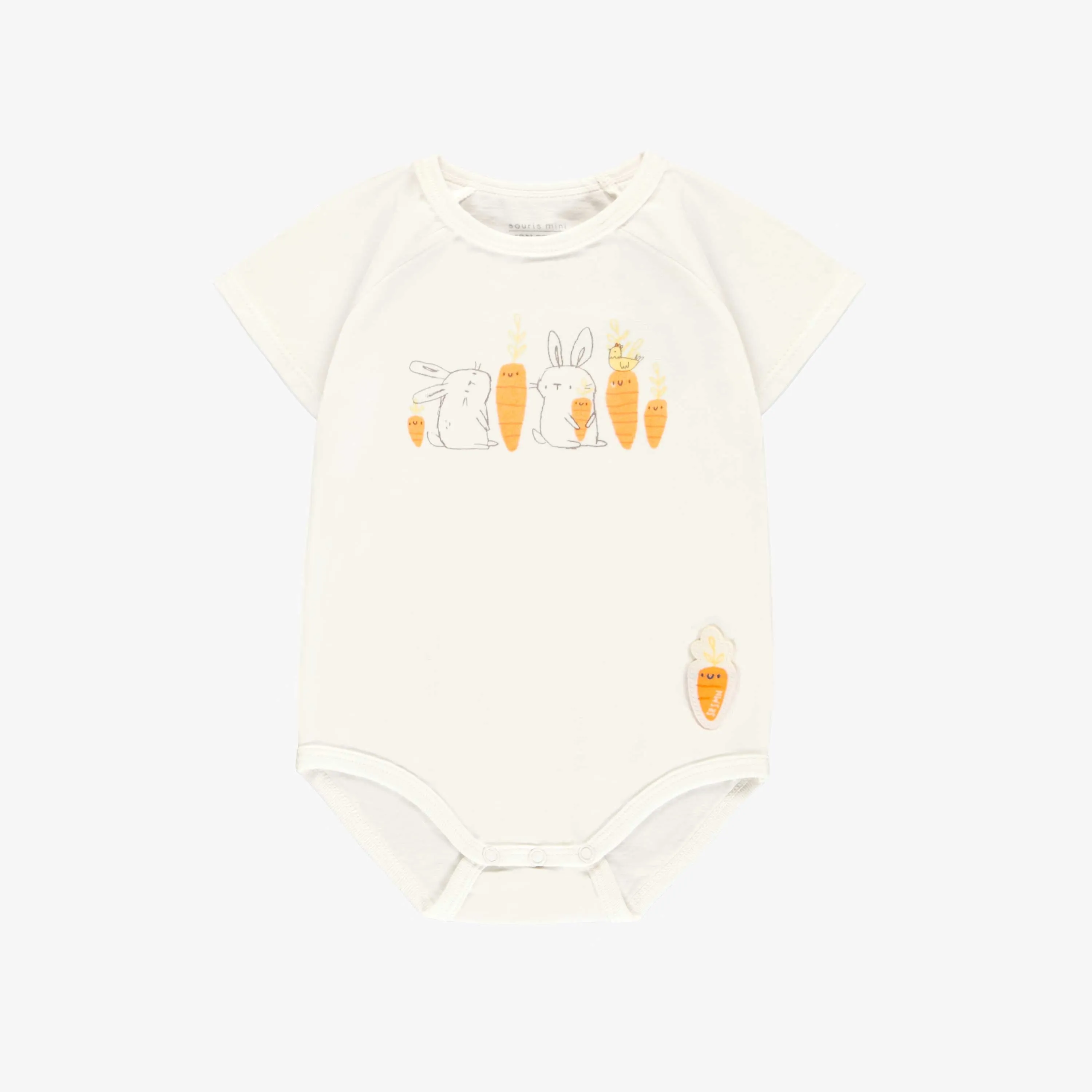 Cache-couche crème avec illustration de lapins en jersey extensible, bébé || Cream bodysuit with bunnies illustration in stretch jersey, baby