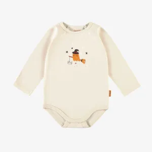 Cache-couche crème avec un imprimé d'Halloween phosphorescent en jersey extensible, bébé || Cream bodysuit with glow in the dark Halloween print in stretch jersey, baby