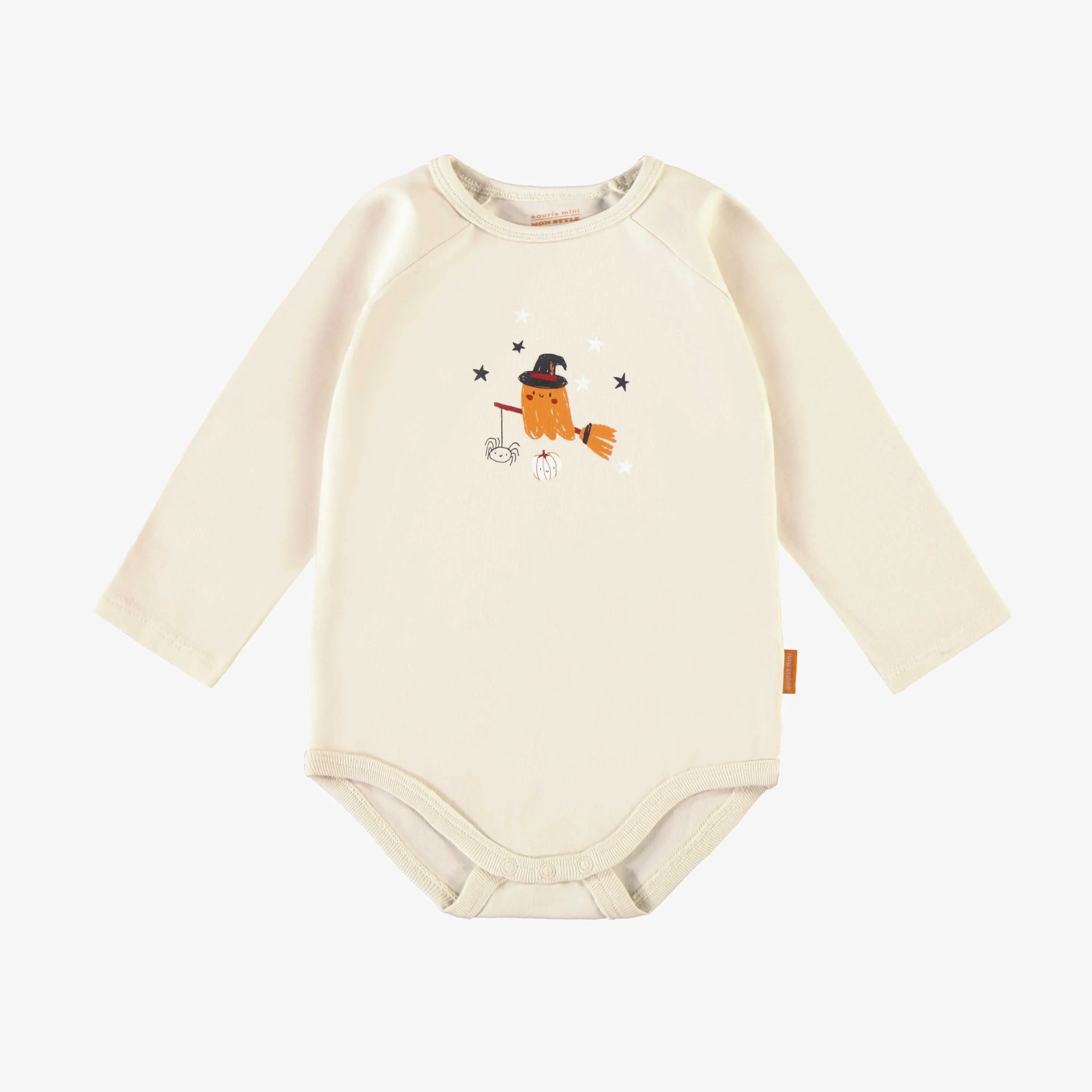 Cache-couche crème avec un imprimé d'Halloween phosphorescent en jersey extensible, bébé || Cream bodysuit with glow in the dark Halloween print in stretch jersey, baby