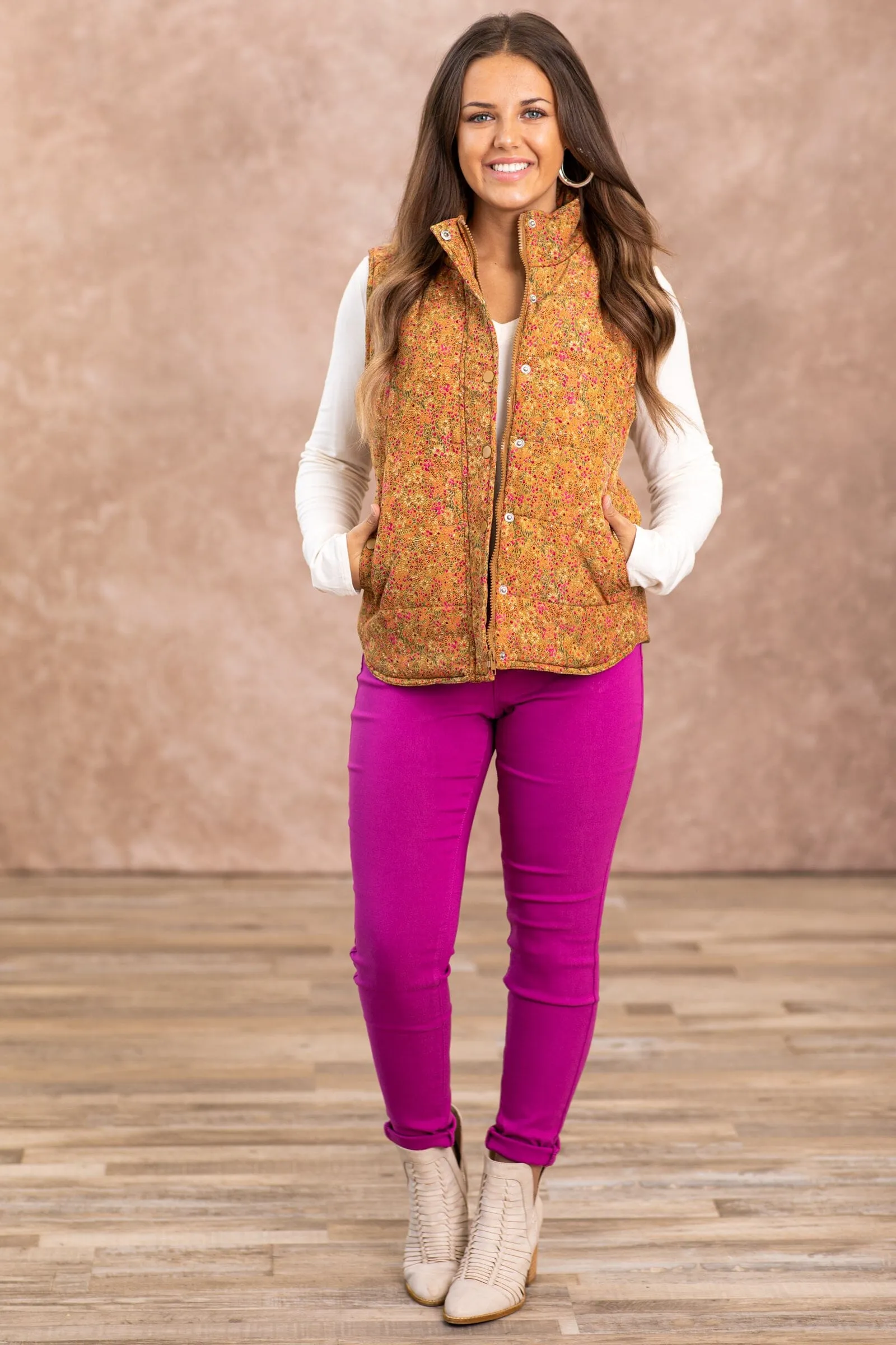 Camel Ditsy Floral Channel Quilted Vest