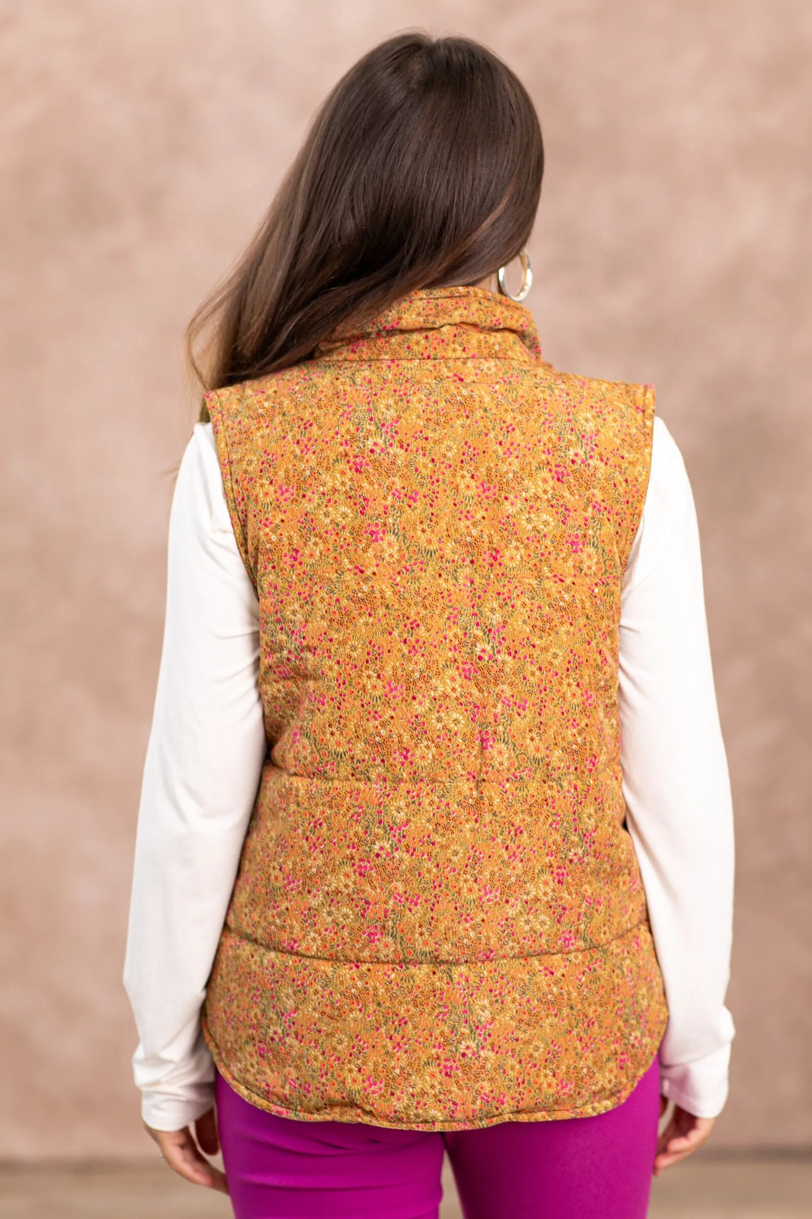 Camel Ditsy Floral Channel Quilted Vest
