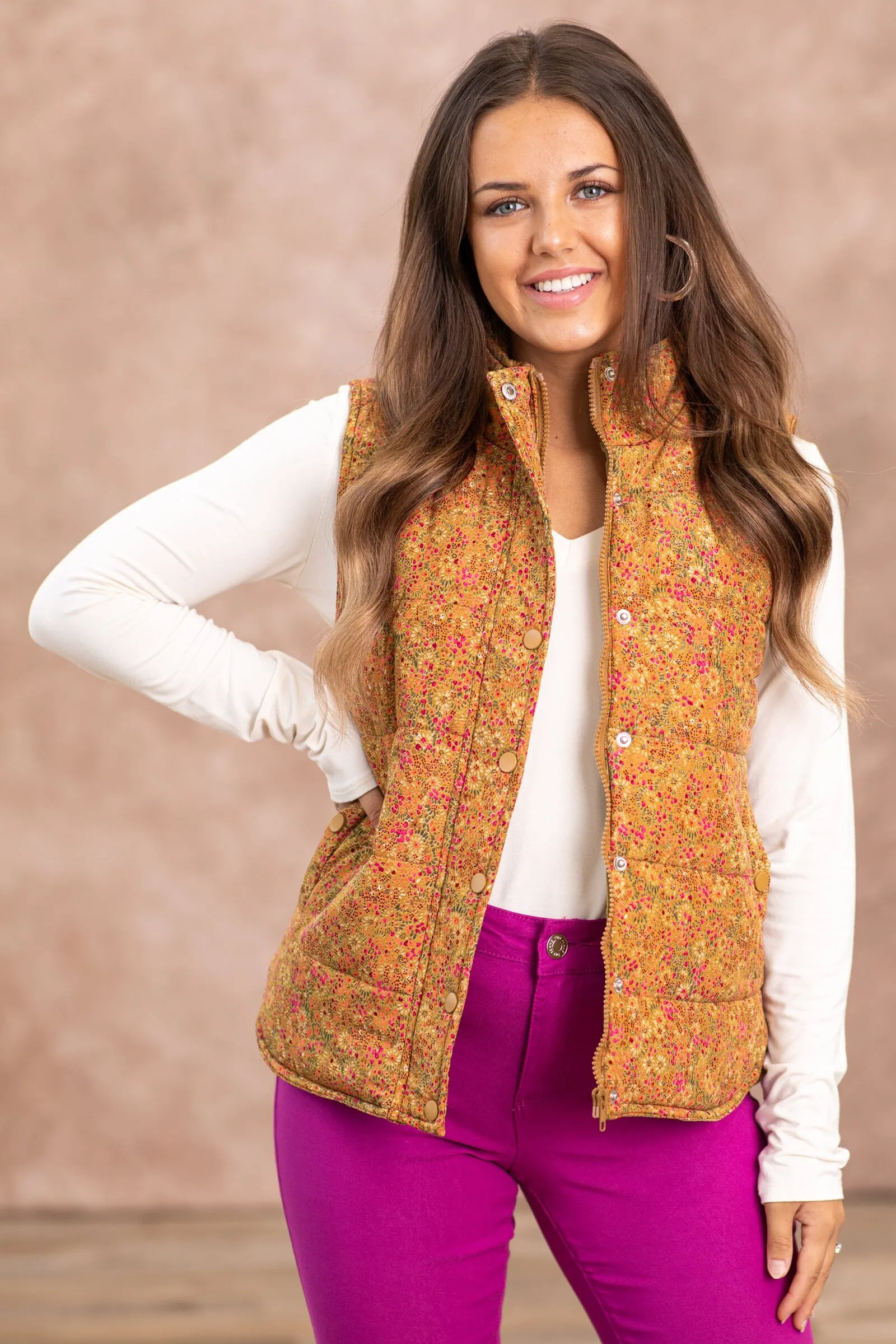 Camel Ditsy Floral Channel Quilted Vest