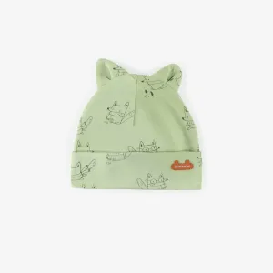 Chapeau vert à motifs en coton biologique, naissance  || Green patterned hat in organic cotton, newborn