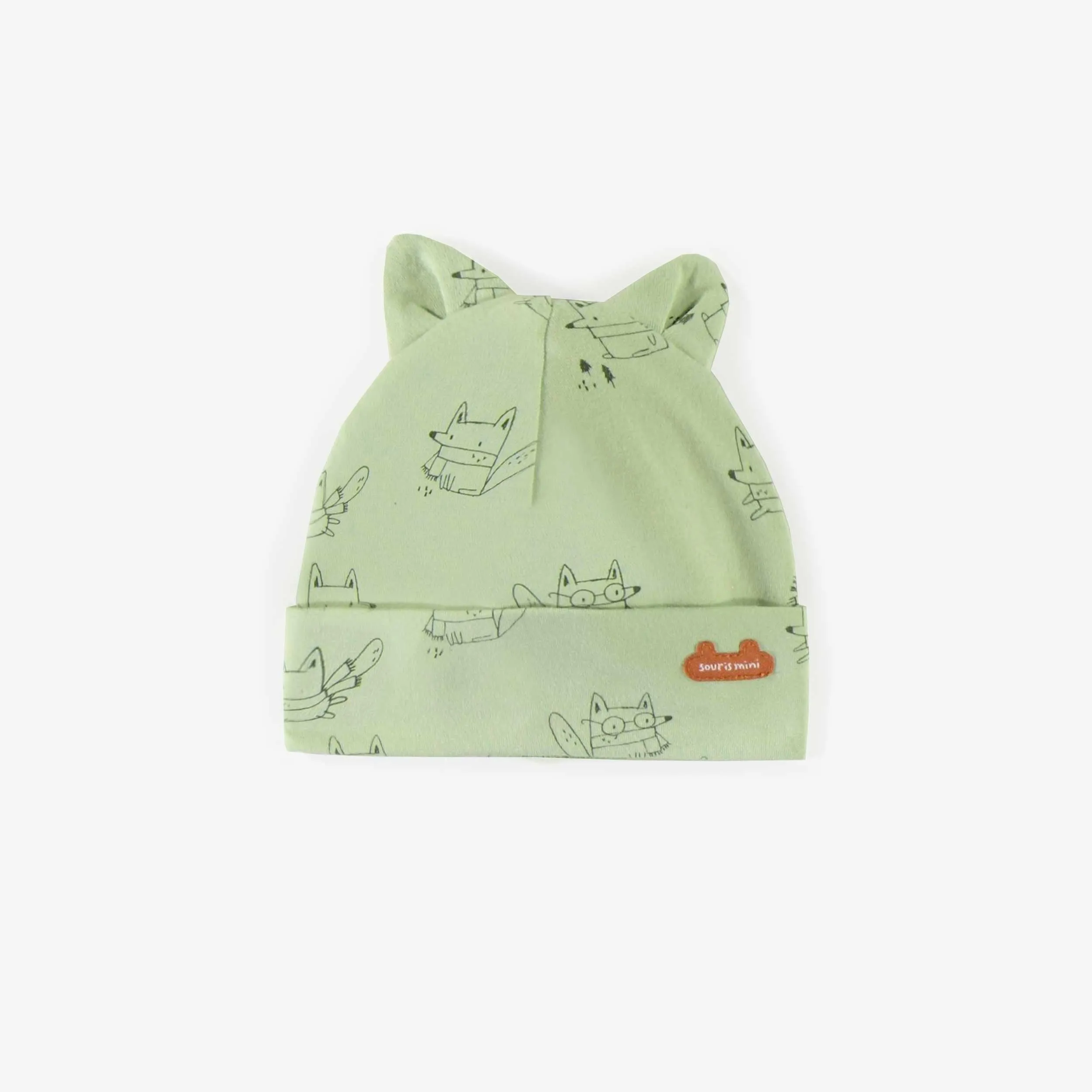 Chapeau vert à motifs en coton biologique, naissance  || Green patterned hat in organic cotton, newborn