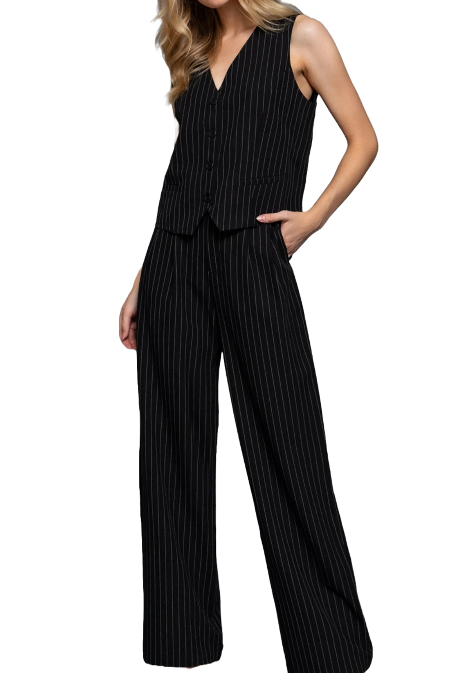 Chic Pinstripe Pants Straight-Leg Design  Durable Woven Fabric ZP14187C28 $12.50