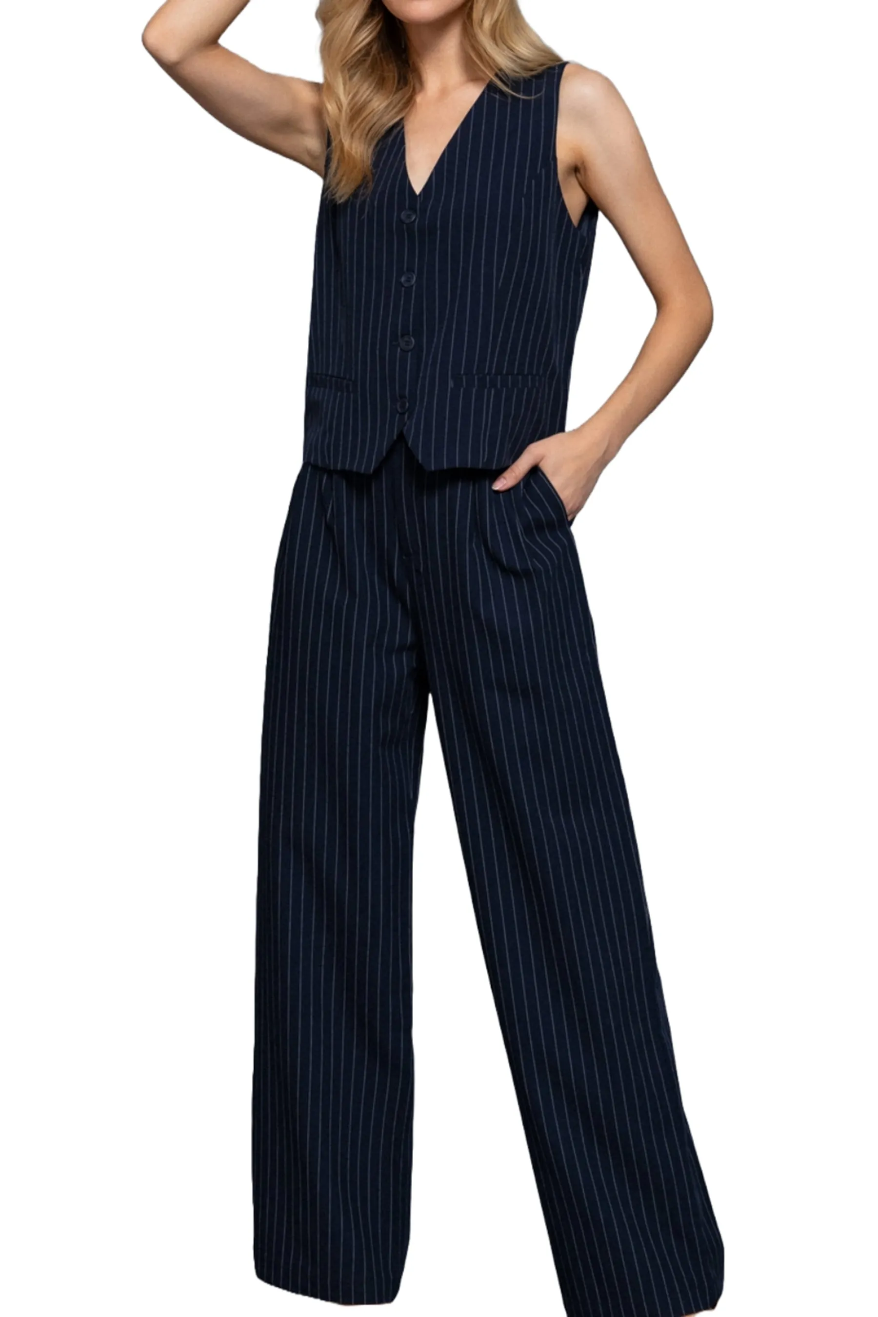 Chic Pinstripe Pants Straight-Leg Design  Durable Woven Fabric ZP14187C28 $12.50