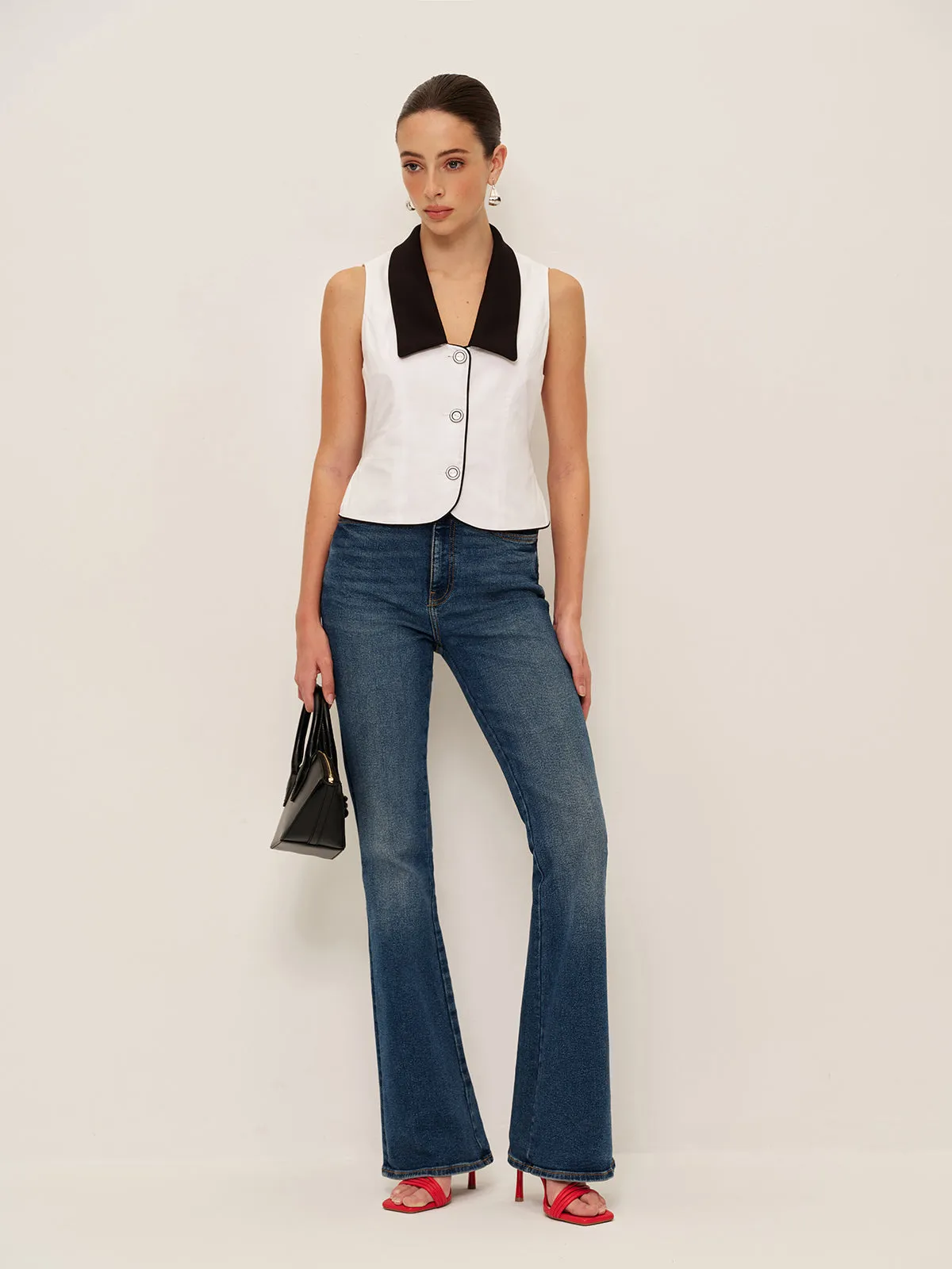 Contrast Collar Button-Up Vest With Back Bow