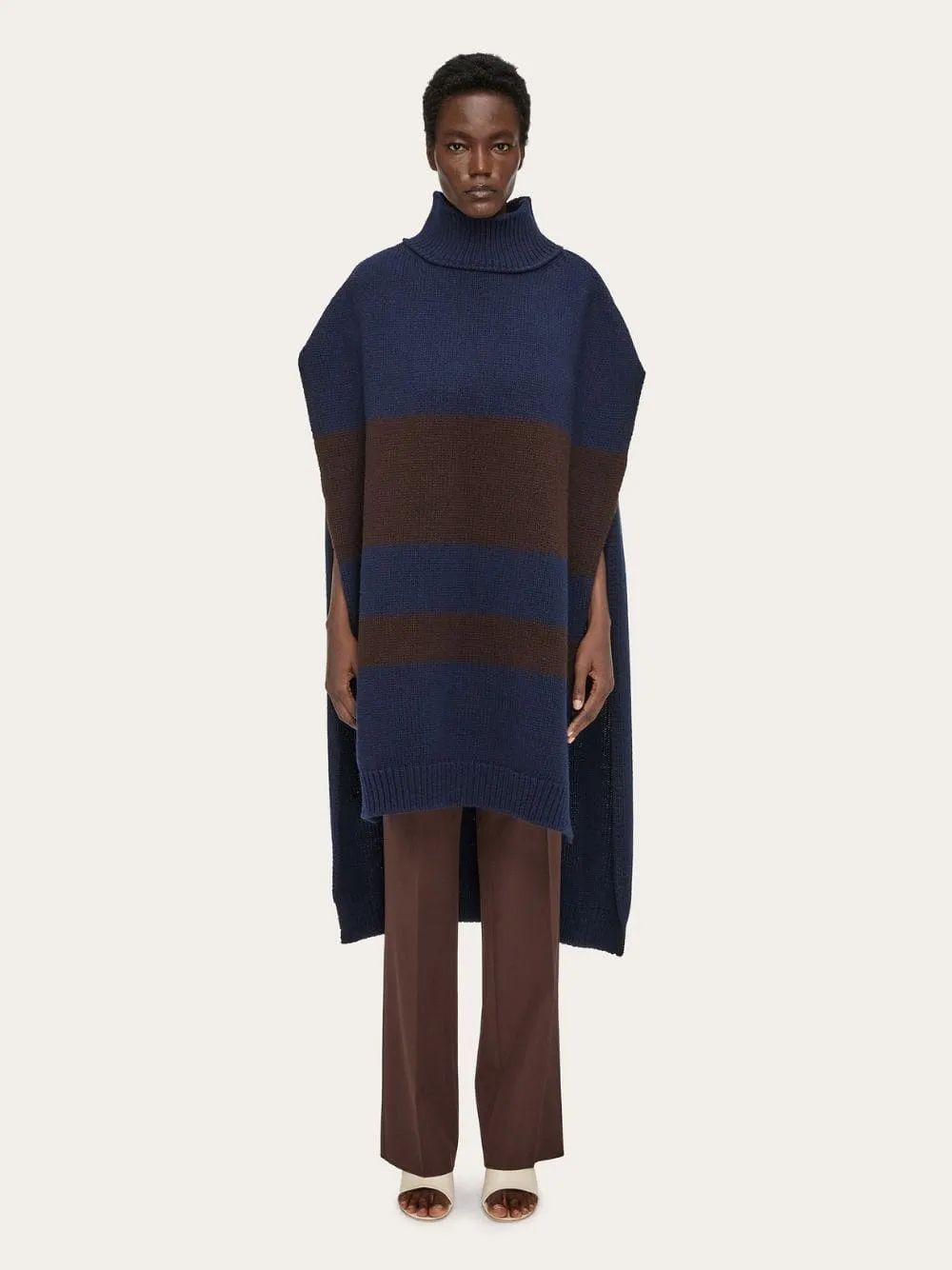 Contrasting Maxi-Stripe Wool Poncho