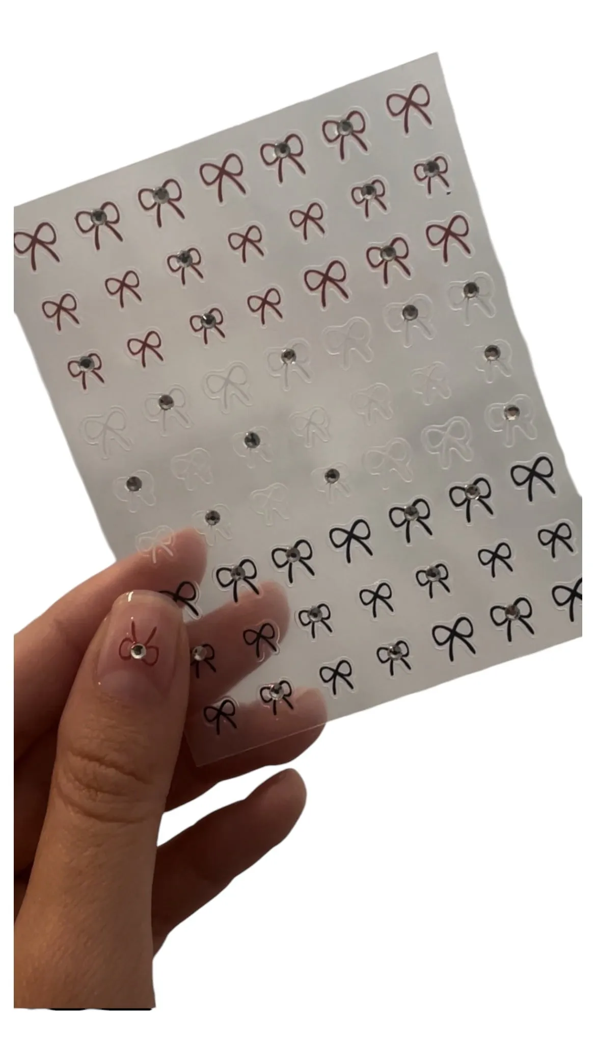 Coquette Edge Nail Art Stickers – Dainty Bows with Rhinestones in White, Red and Black