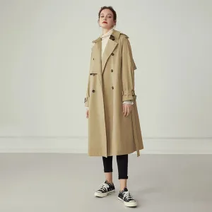 Cotton Khaki Long Turn Down Collar Belted Trench Coat