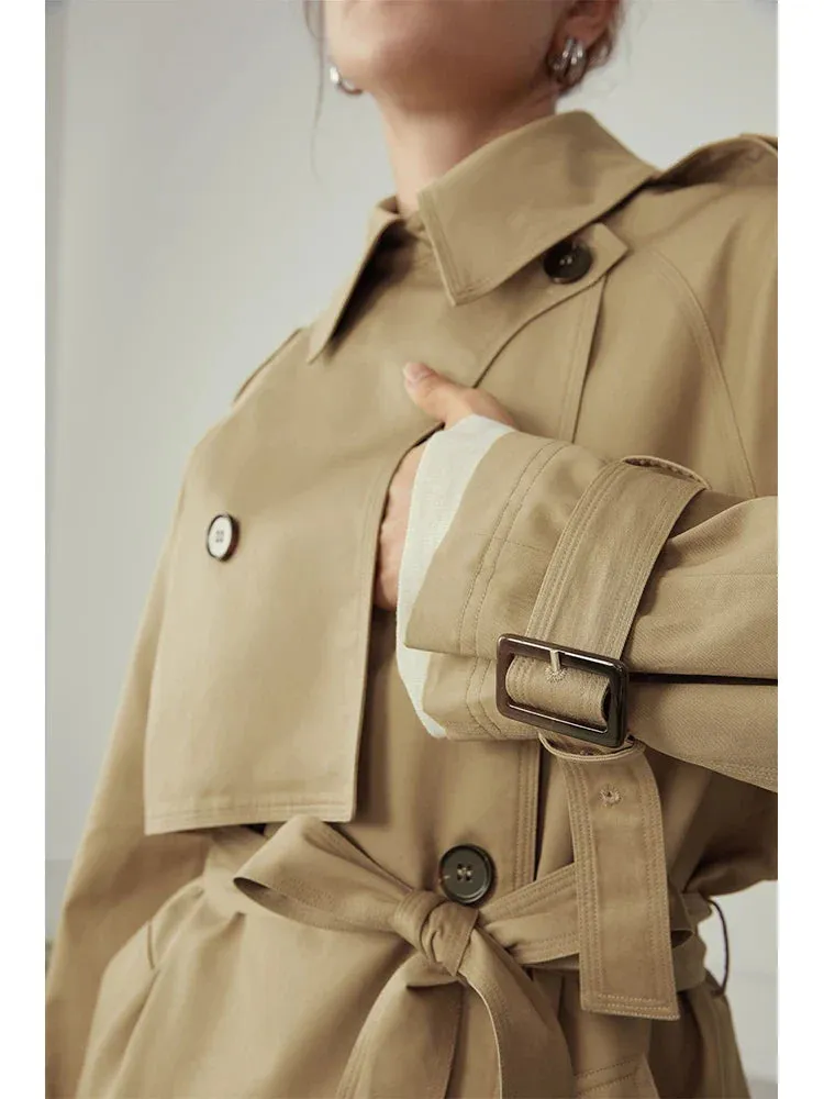 Cotton Khaki Long Turn Down Collar Belted Trench Coat