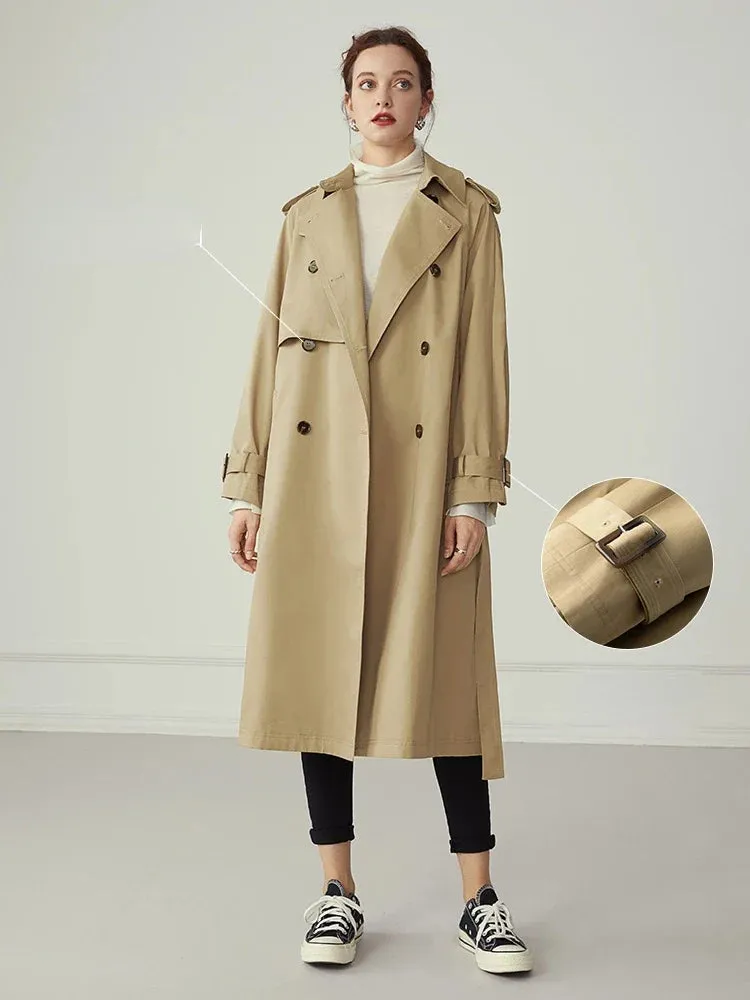 Cotton Khaki Long Turn Down Collar Belted Trench Coat