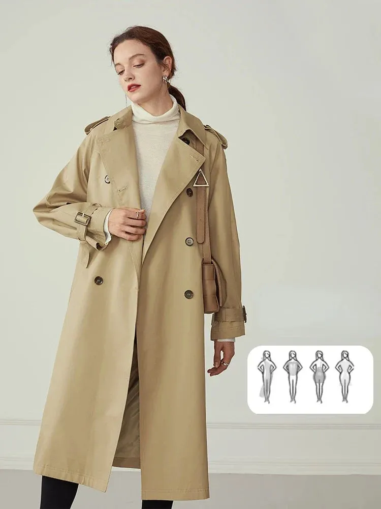 Cotton Khaki Long Turn Down Collar Belted Trench Coat