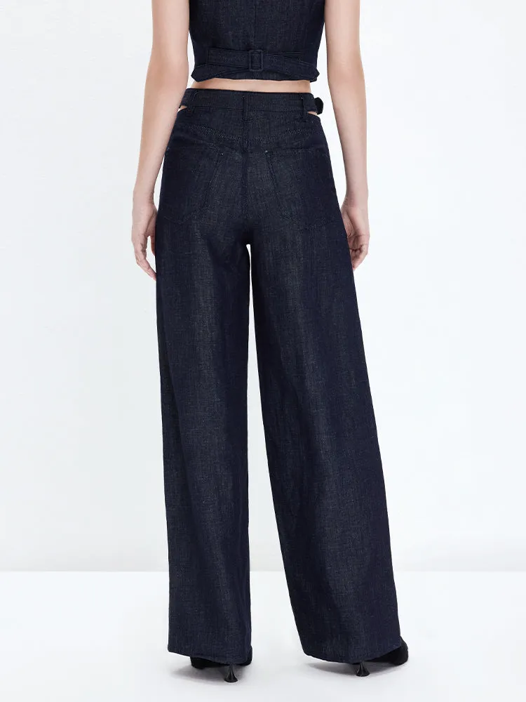 Dark Blue Cutout Wide-Leg Linen Jeans