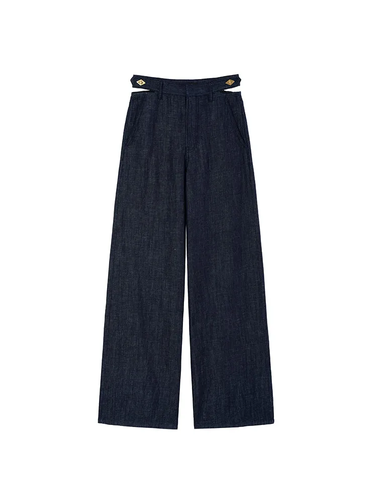 Dark Blue Cutout Wide-Leg Linen Jeans