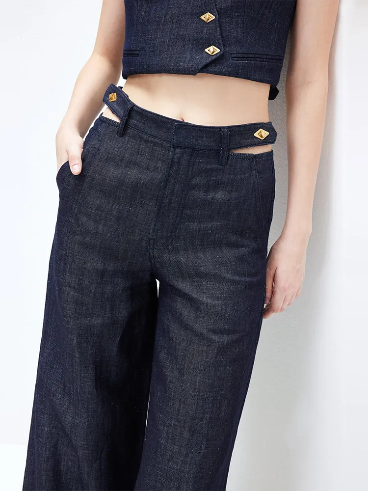 Dark Blue Cutout Wide-Leg Linen Jeans
