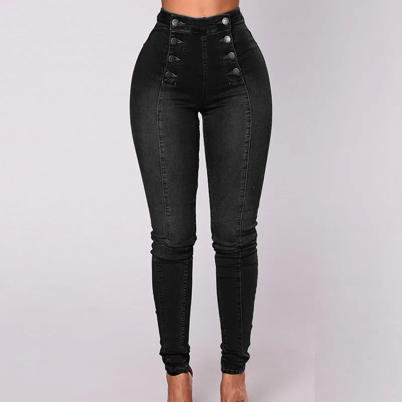 Denim Double Breasted Button Design High Waist Jeans