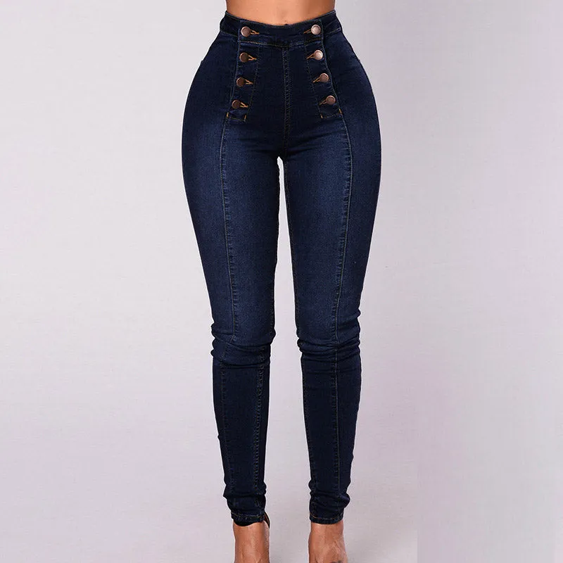 Denim Double Breasted Button Design High Waist Jeans