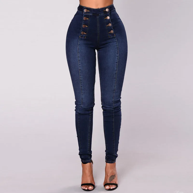 Denim Double Breasted Button Design High Waist Jeans