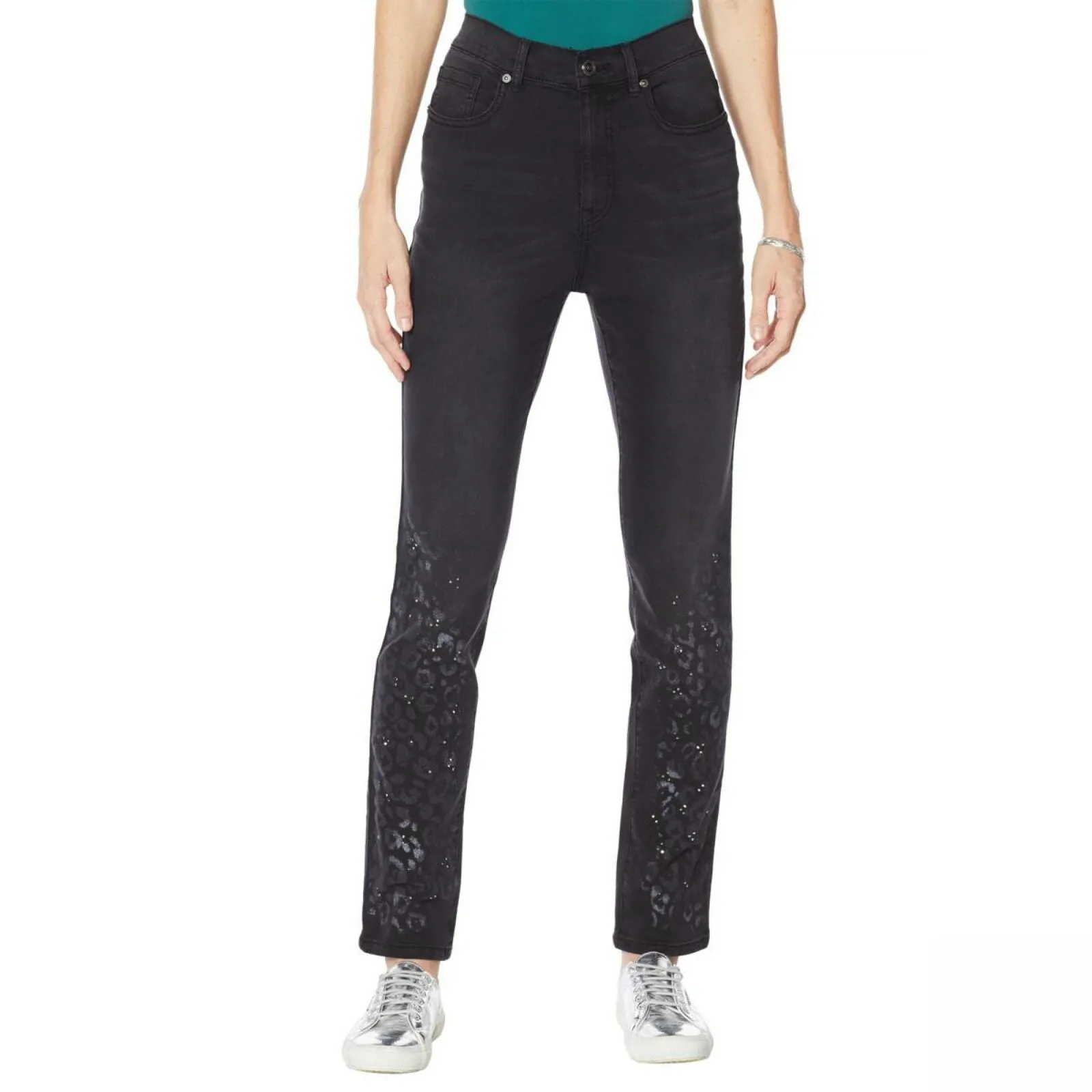 DG2 by Diane Gilman Classic Stretch Artwork Printed Jeans Black Animal Plus 20W