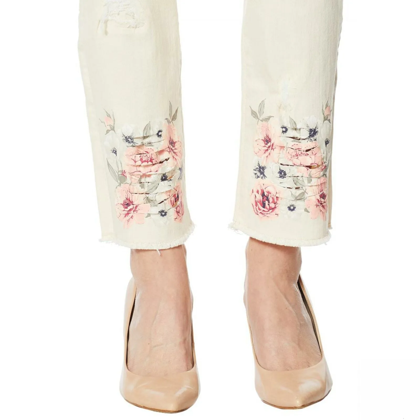 DG2 by Diane Gilman Classic Stretch Floral Fray-Hem Ankle Jeans Cream 12
