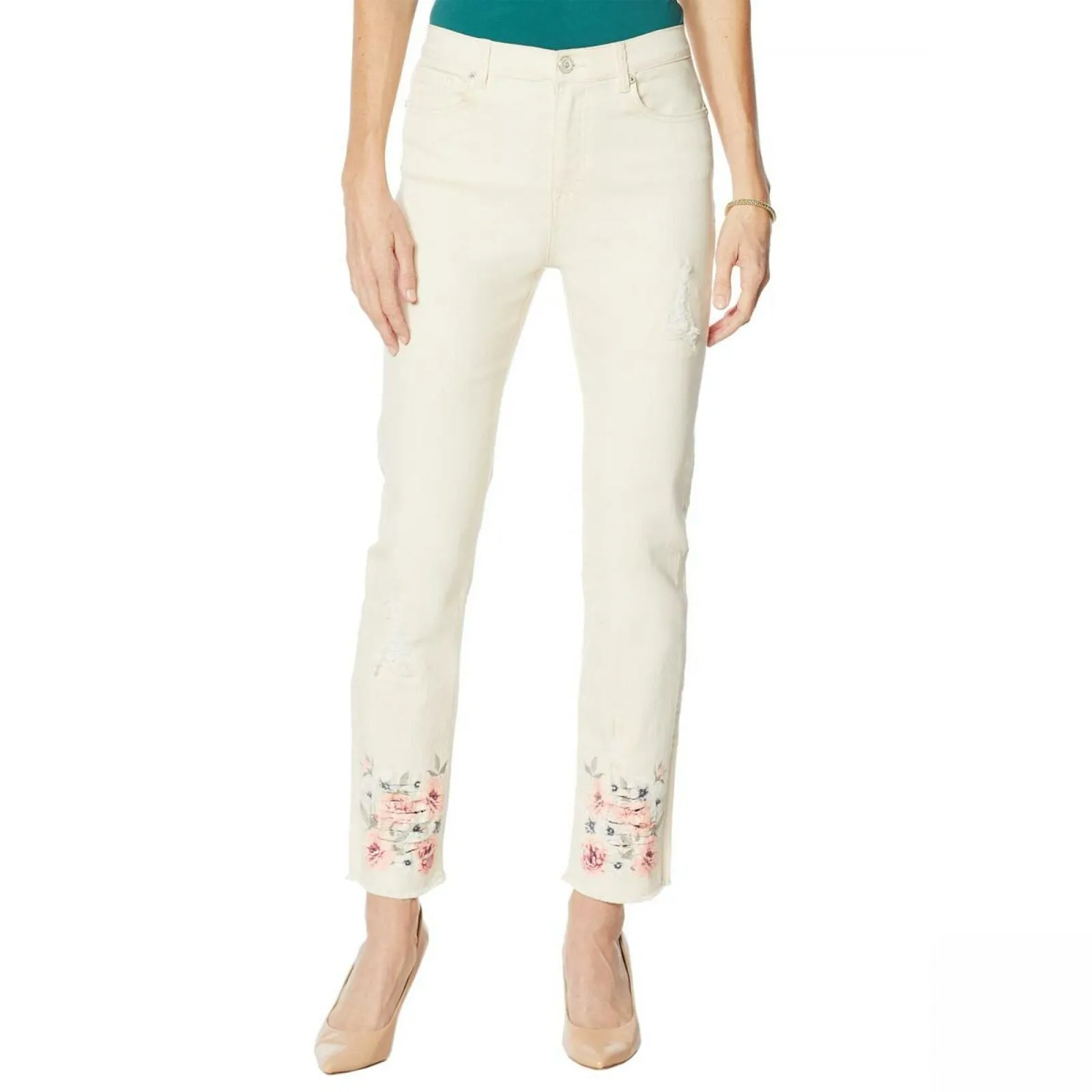 DG2 by Diane Gilman Classic Stretch Floral Fray-Hem Ankle Jeans Cream 12