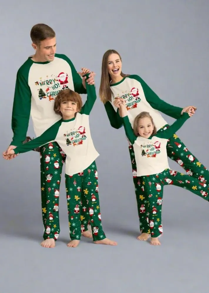 Family Matching Christmas Pajama Set - Santa & Reindeer Print in Cream and Green for Festive Holiday Fun