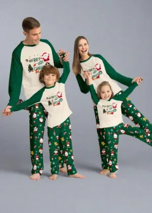 Family Matching Christmas Pajama Set - Santa & Reindeer Print in Cream and Green for Festive Holiday Fun