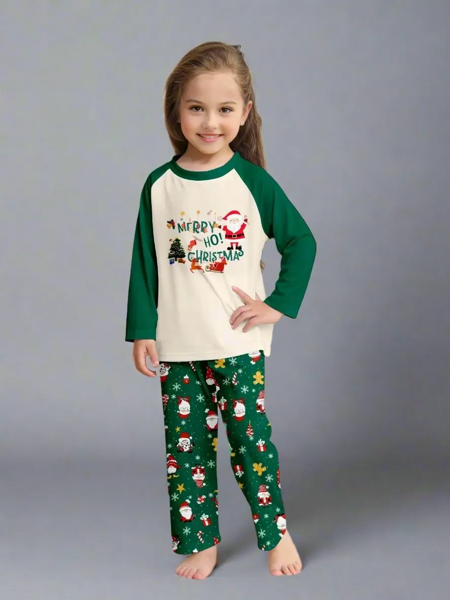 Family Matching Christmas Pajama Set - Santa & Reindeer Print in Cream and Green for Festive Holiday Fun