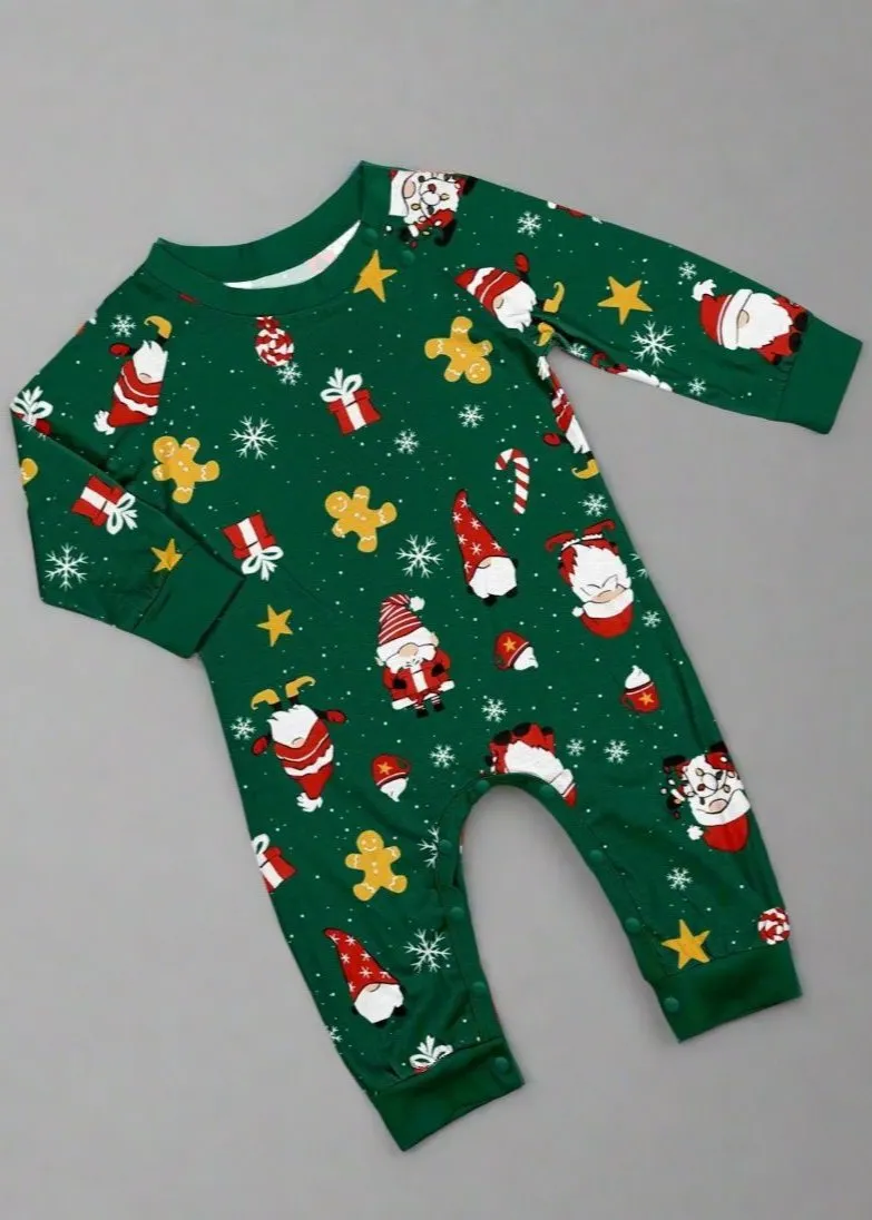 Family Matching Christmas Pajama Set - Santa & Reindeer Print in Cream and Green for Festive Holiday Fun