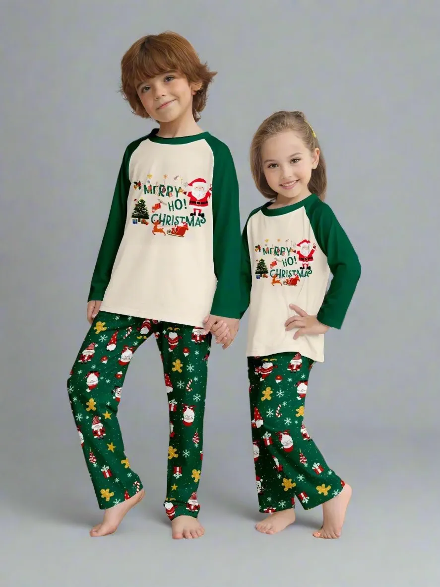Family Matching Christmas Pajama Set - Santa & Reindeer Print in Cream and Green for Festive Holiday Fun