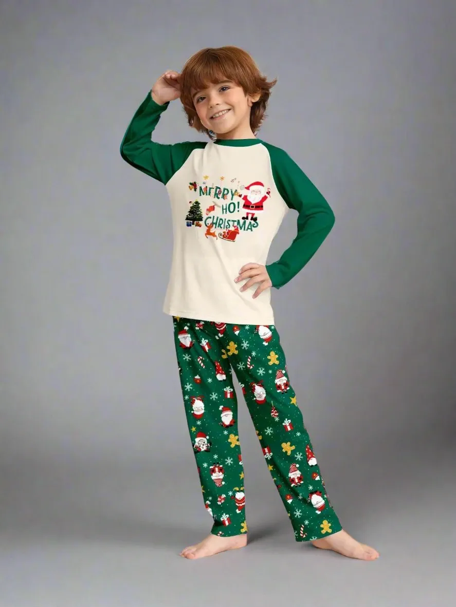 Family Matching Christmas Pajama Set - Santa & Reindeer Print in Cream and Green for Festive Holiday Fun