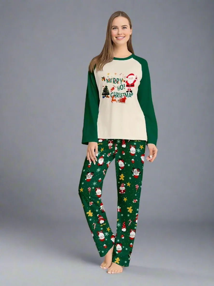 Family Matching Christmas Pajama Set - Santa & Reindeer Print in Cream and Green for Festive Holiday Fun