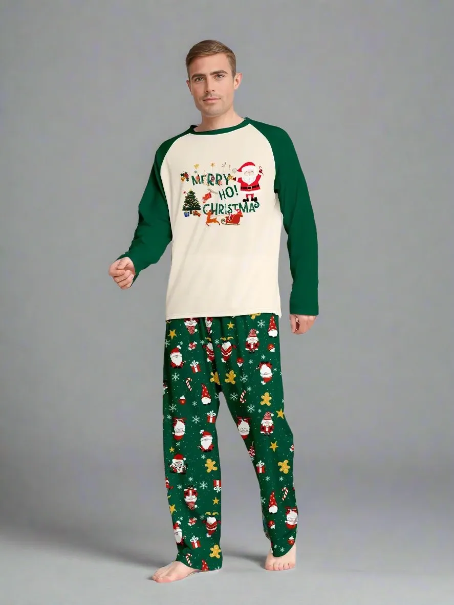 Family Matching Christmas Pajama Set - Santa & Reindeer Print in Cream and Green for Festive Holiday Fun