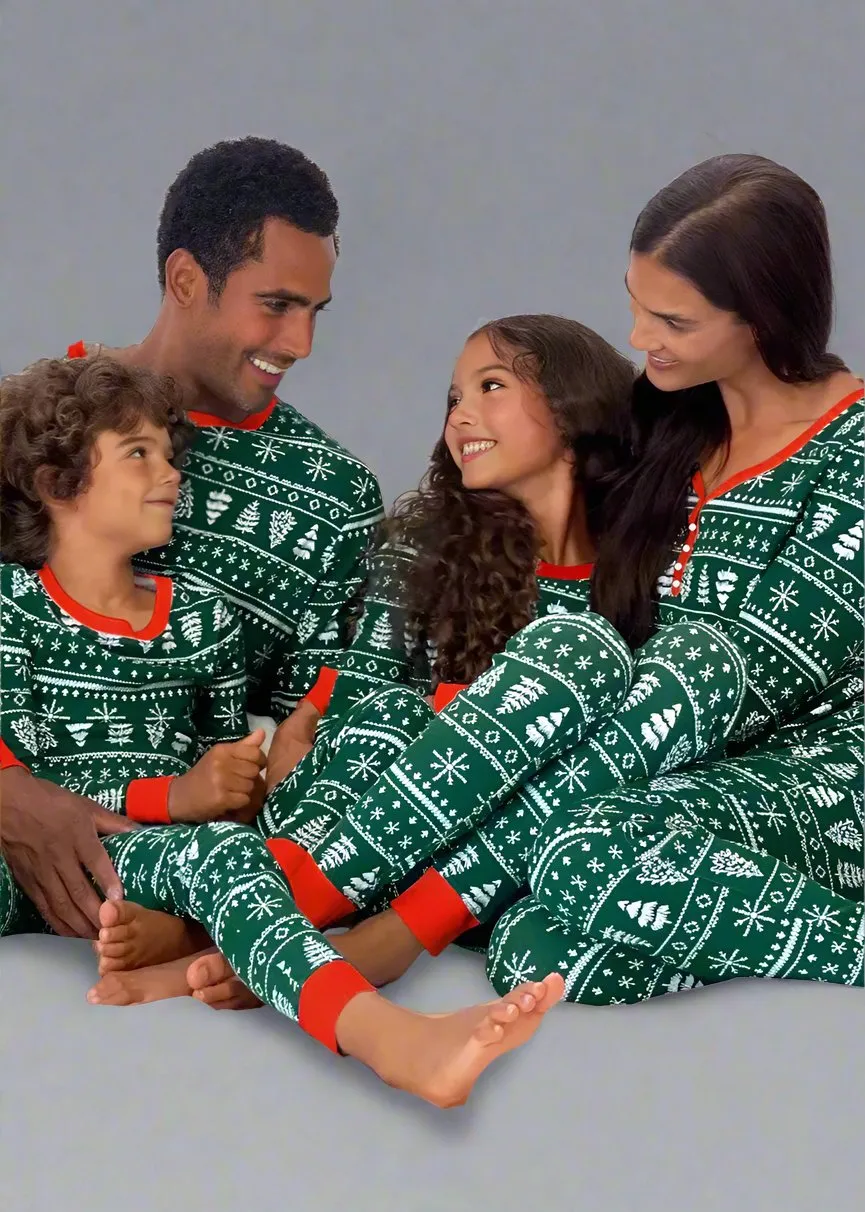Family Matching Christmas Tree Fair Isle Pajamas - Green & Red Festive Pajama Set for Adults, Kids & Pets