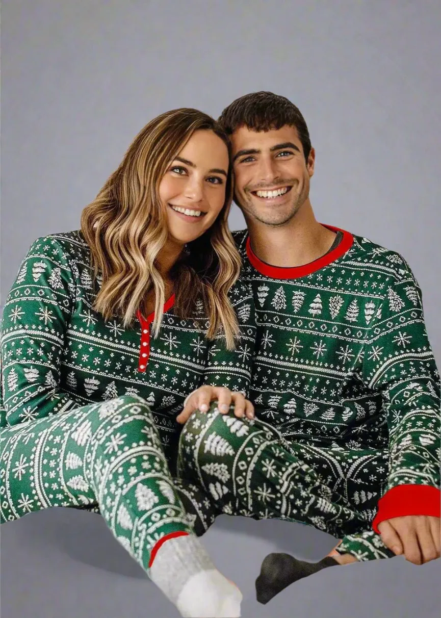 Family Matching Christmas Tree Fair Isle Pajamas - Green & Red Festive Pajama Set for Adults, Kids & Pets