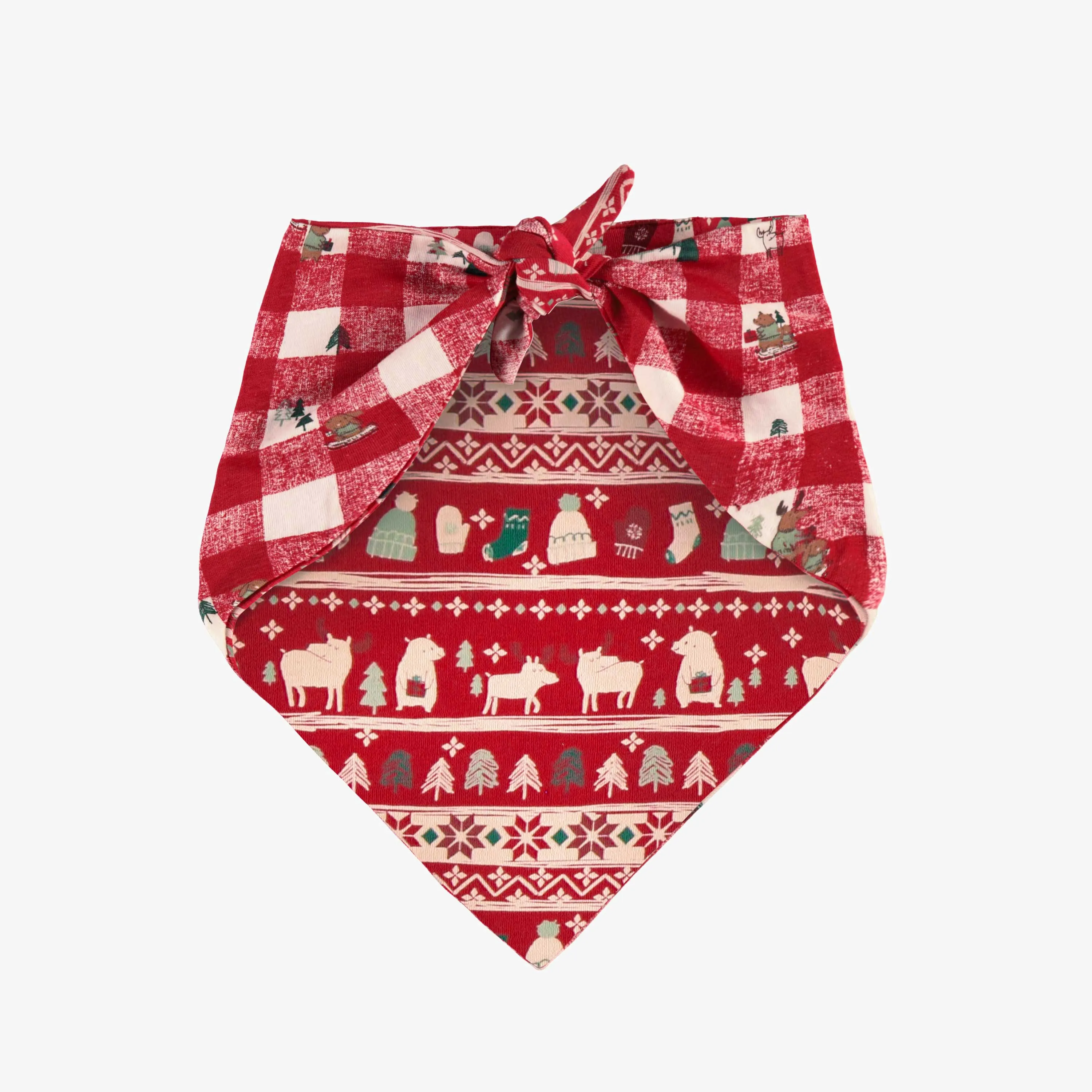 Foulard réversible crème et rouge pour animaux en jersey à motifs des fêtes et carreaux|| Reversible cream and red animal scarf in jersey with holiday all over print and plaid