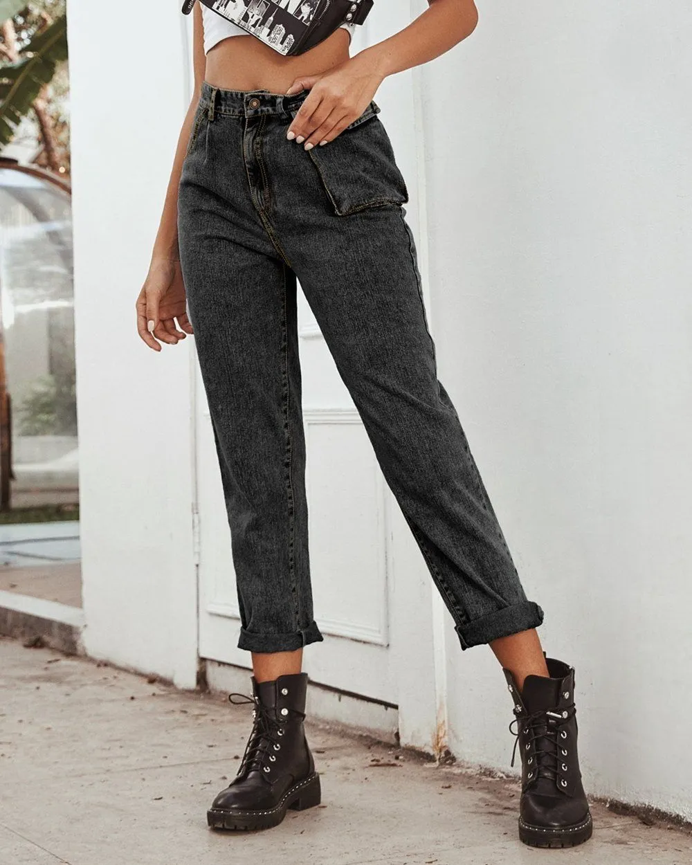 Free People High-Waist Cargo Jeans - black
