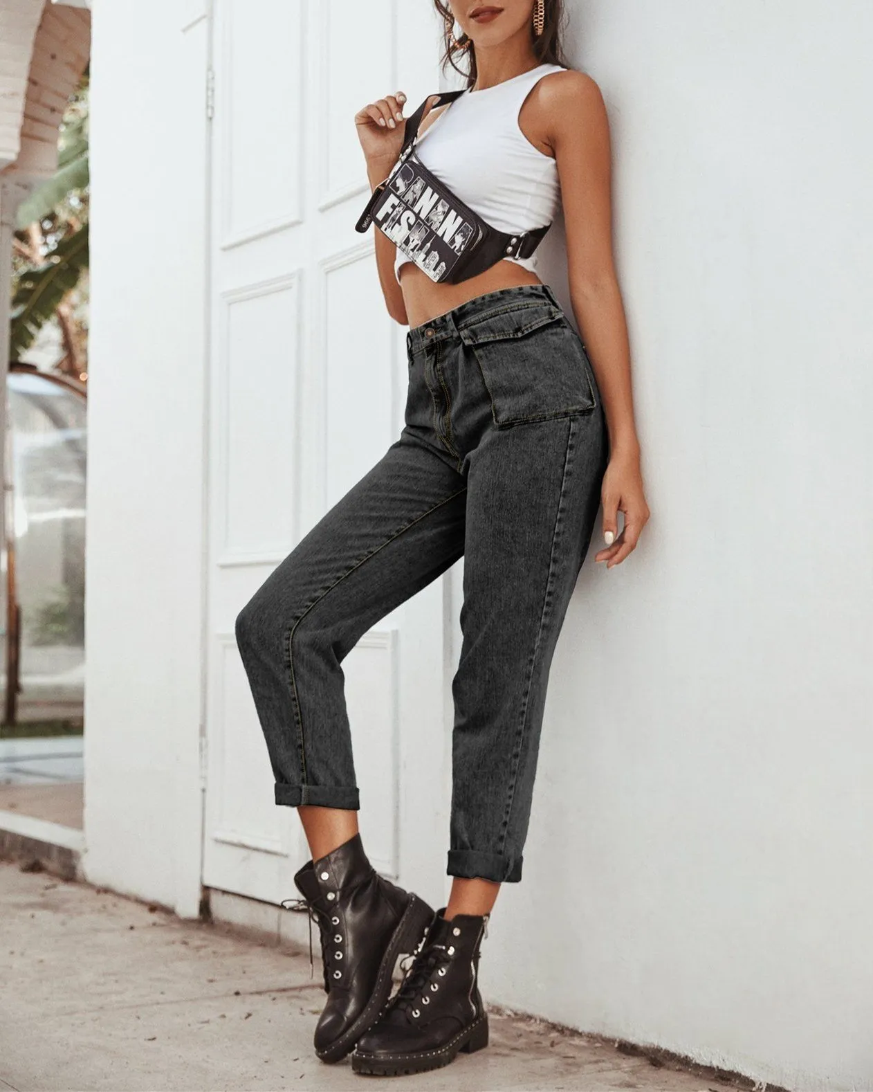Free People High-Waist Cargo Jeans - black