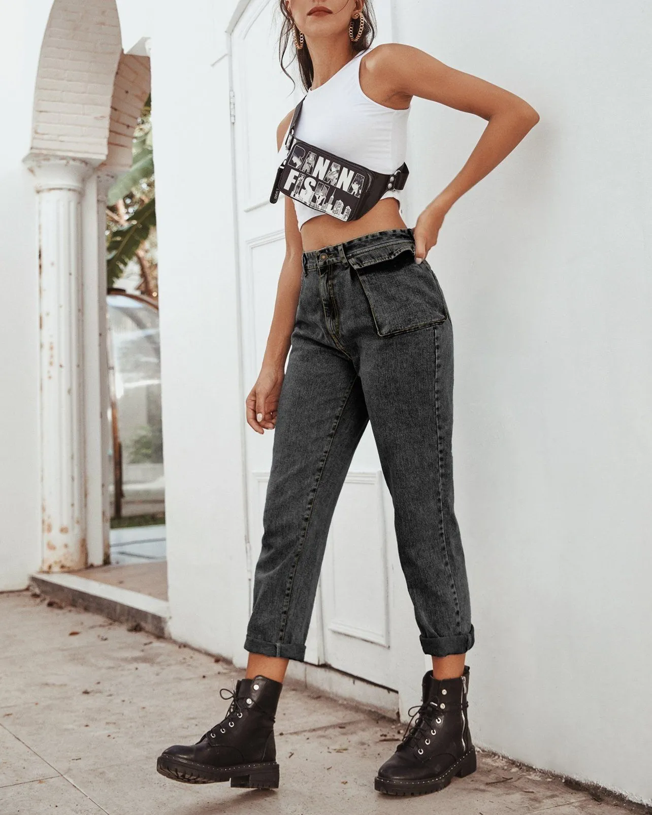 Free People High-Waist Cargo Jeans - black