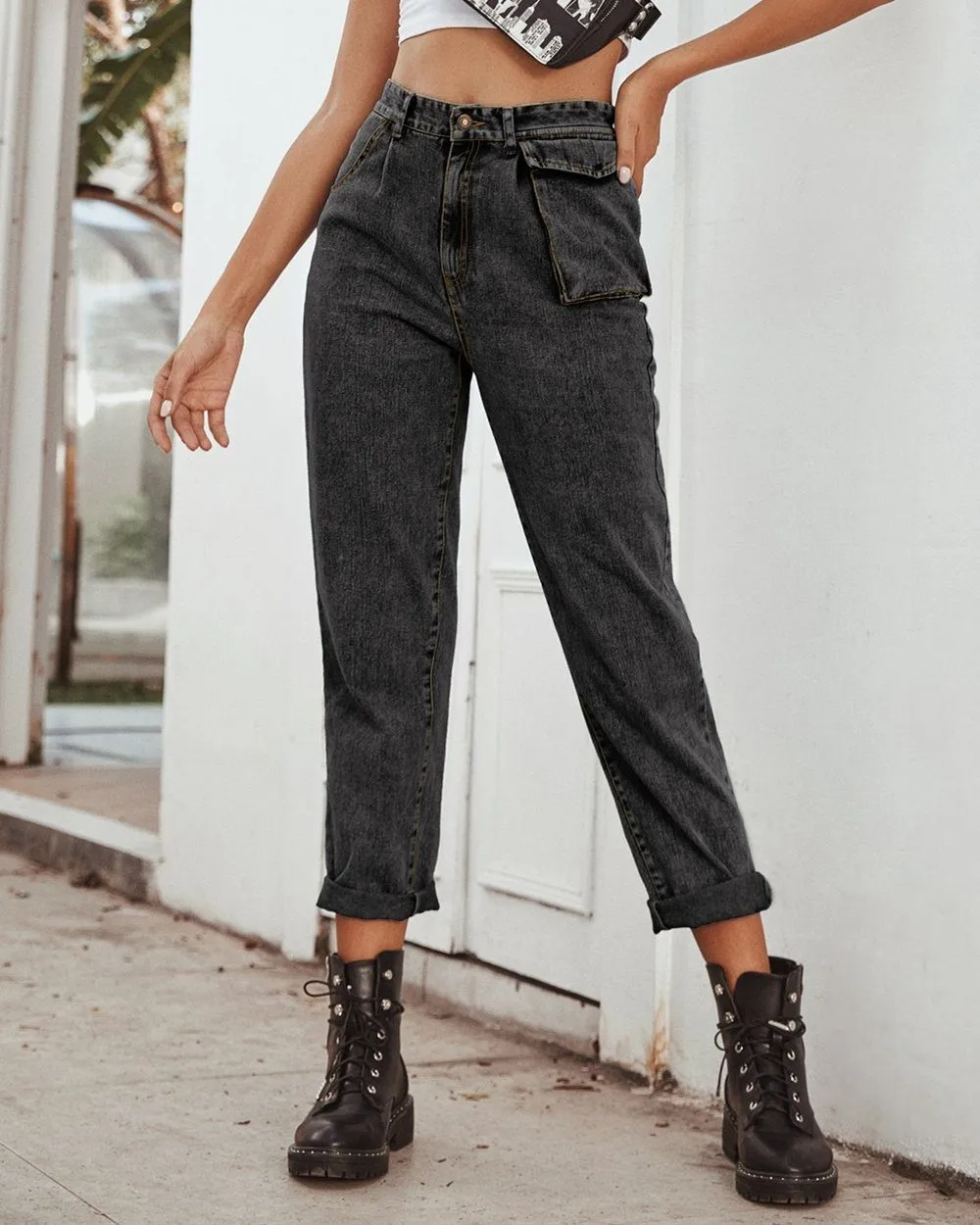 Free People High-Waist Cargo Jeans - black