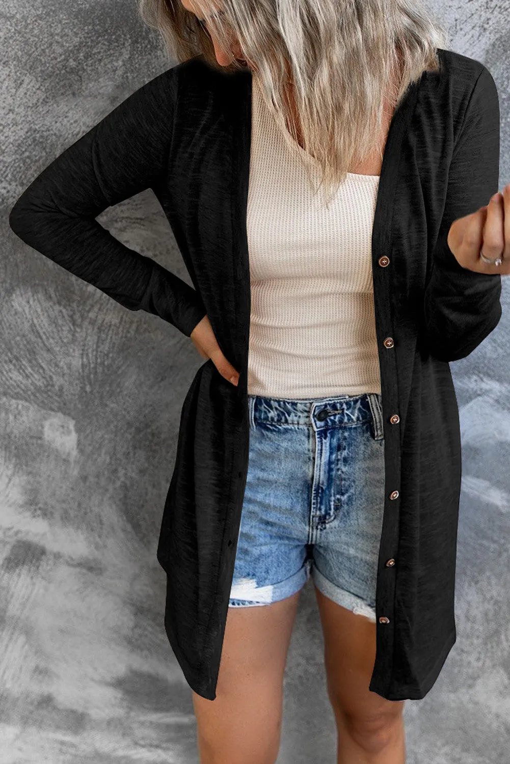 Grey Button Front Lightweight Long Cover Up
