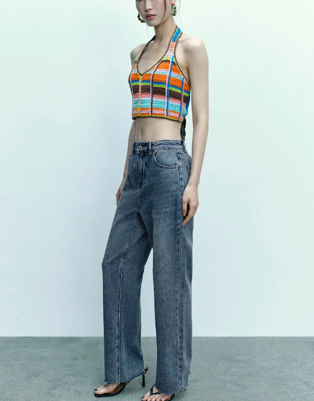 Halter Neck Crochet Striped Vest