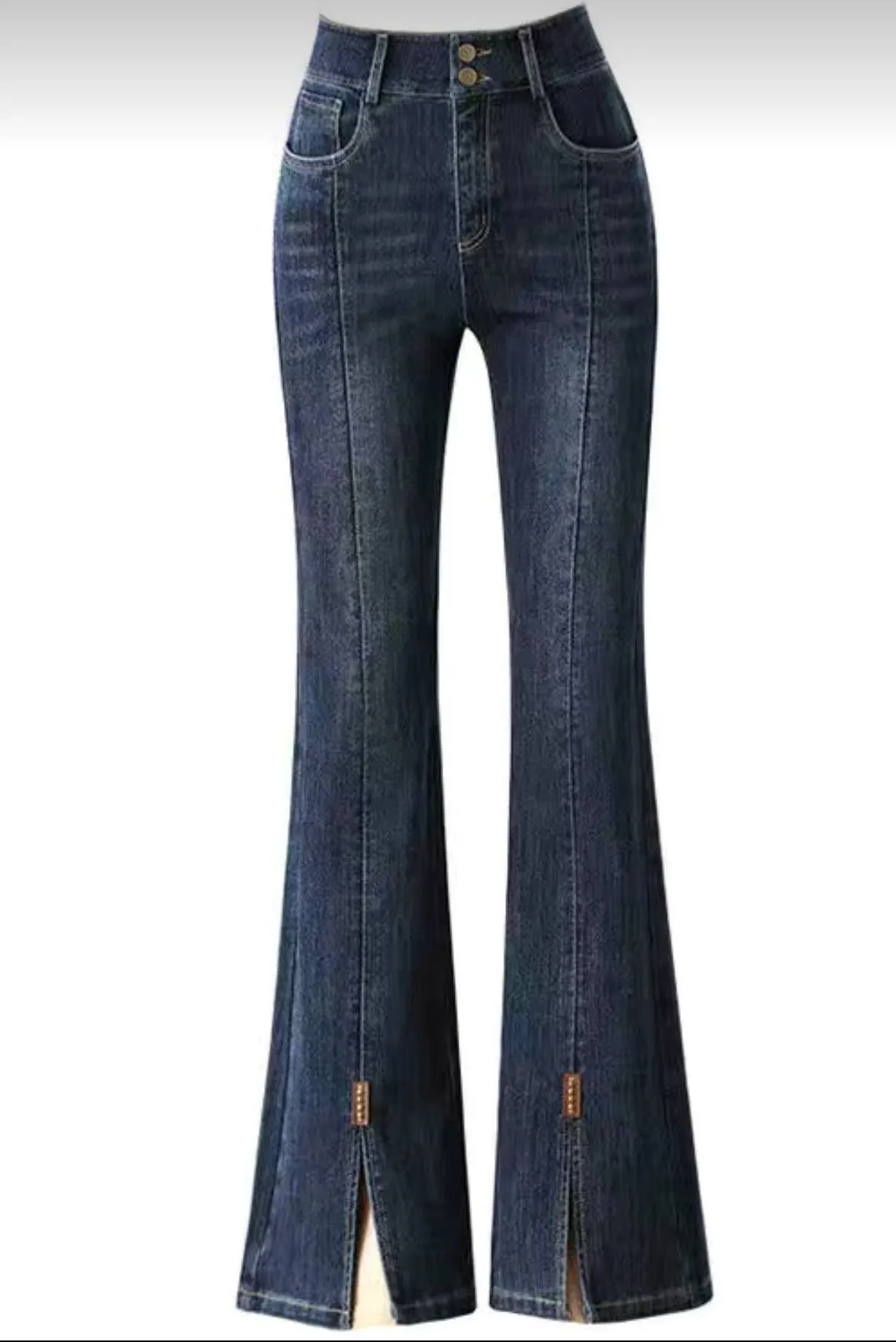 HAPPY- 000006 - DB Dark Blue High Waist Slit Flare Leg Jeans