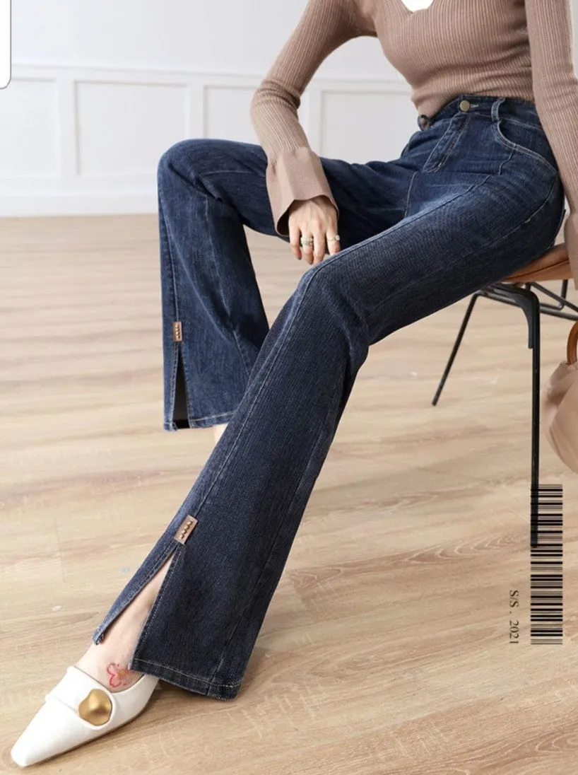 HAPPY- 000006 - DB Dark Blue High Waist Slit Flare Leg Jeans