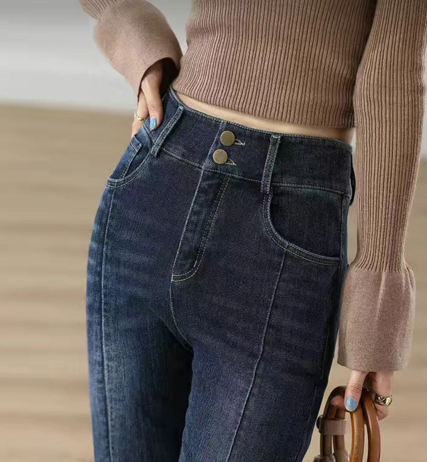 HAPPY- 000006 - DB Dark Blue High Waist Slit Flare Leg Jeans