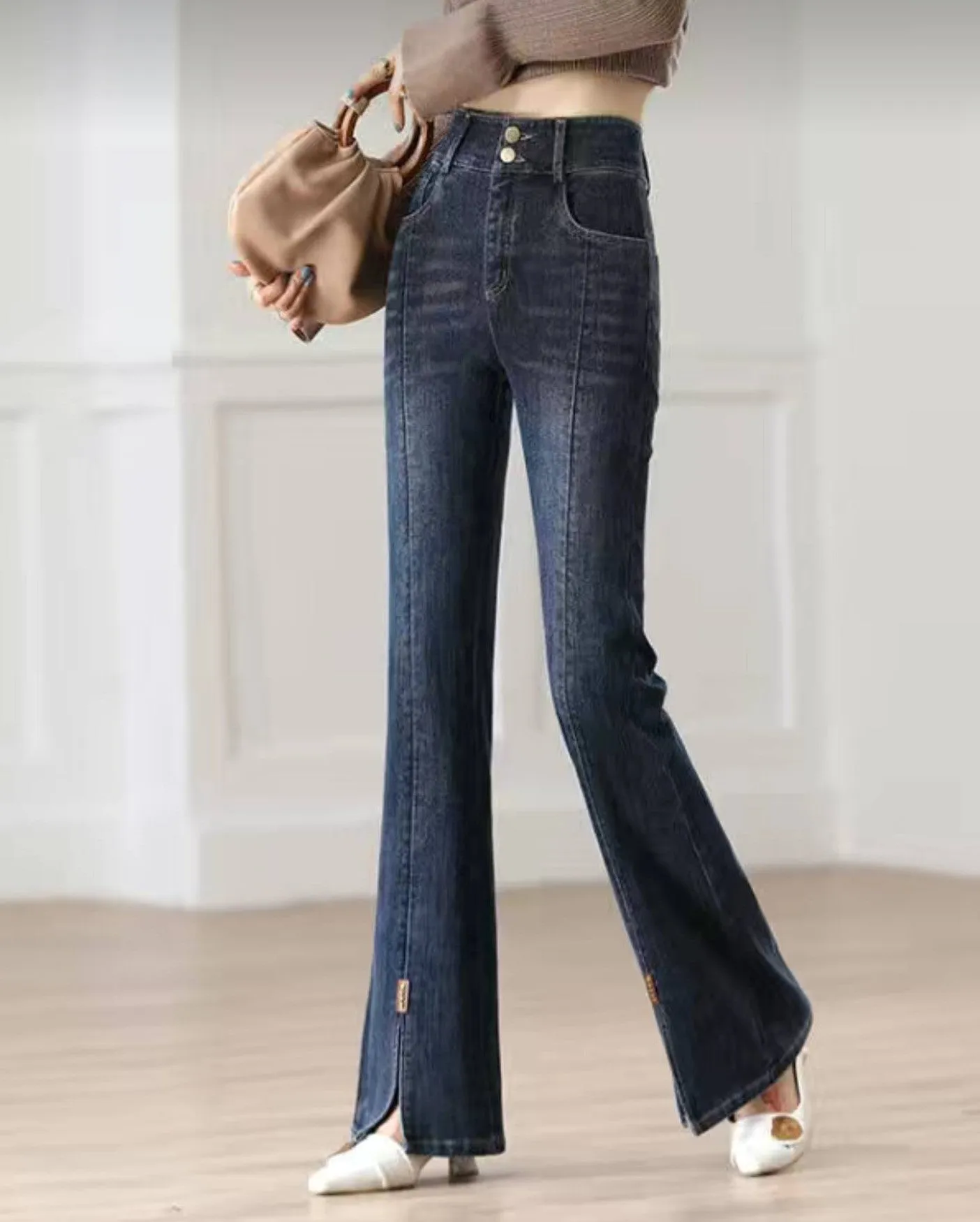 HAPPY- 000006 - DB Dark Blue High Waist Slit Flare Leg Jeans