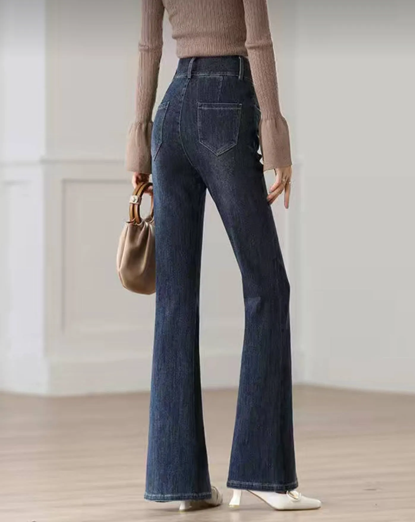 HAPPY- 000006 - DB Dark Blue High Waist Slit Flare Leg Jeans