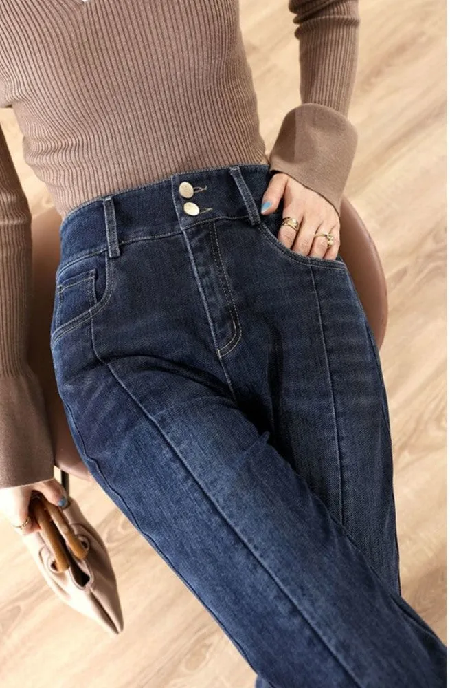 HAPPY- 000006 - DB Dark Blue High Waist Slit Flare Leg Jeans
