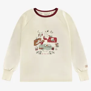 Haut de pyjama des fêtes crème avec illustration en coton, adulte || Cream holiday pajama top with Illustrations in cotton, adult